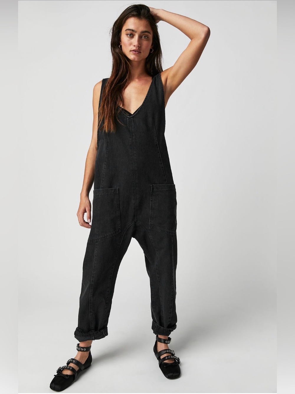 We The Free High Roller Mineral Black V-Neck Denim Jumpsuit Size L NWT
